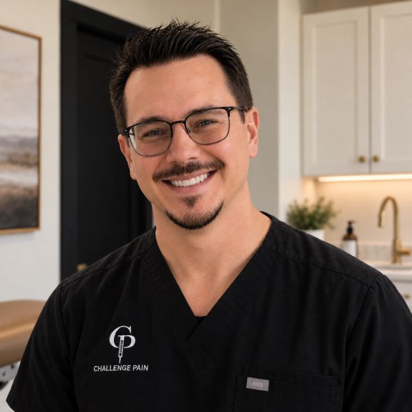Smiling man in black medical scrubs with glasses.