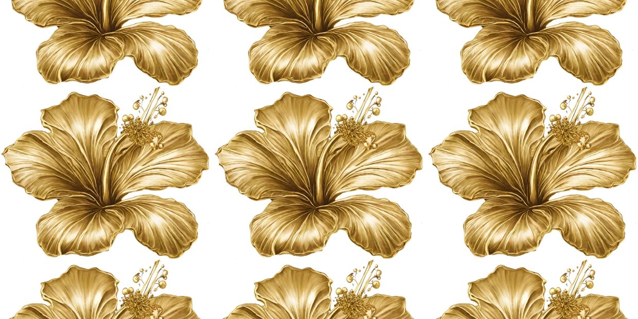 gold hibiscus flowers repeated against a white background