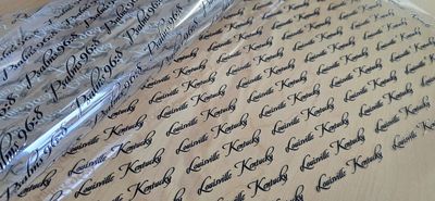 Clear plastic sheets with repeated black text 'Psalms 96:8' and 'Louisville Kentucky'.