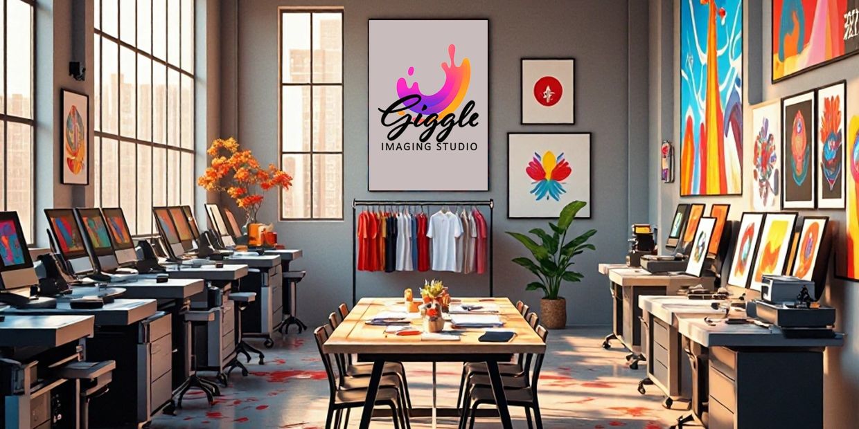 Modern creative studio with colorful artwork and computers in a bright, spacious room.