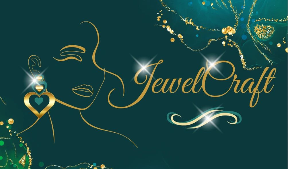 Line drawing of beautiful woman with sparkling gold earrings and name JewelCraft