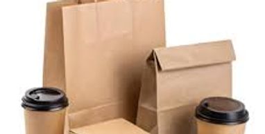 Kraft paper bags, boxes and takeaway cups representing packaging supply