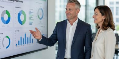 Two managers reviewing performance dashboards on an office screen