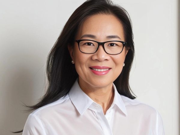 Smiling woman with glasses wearing a white shirt against a plain background.