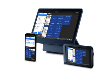 A set of digital devices displaying a blue-themed interface for managing orders or tasks.