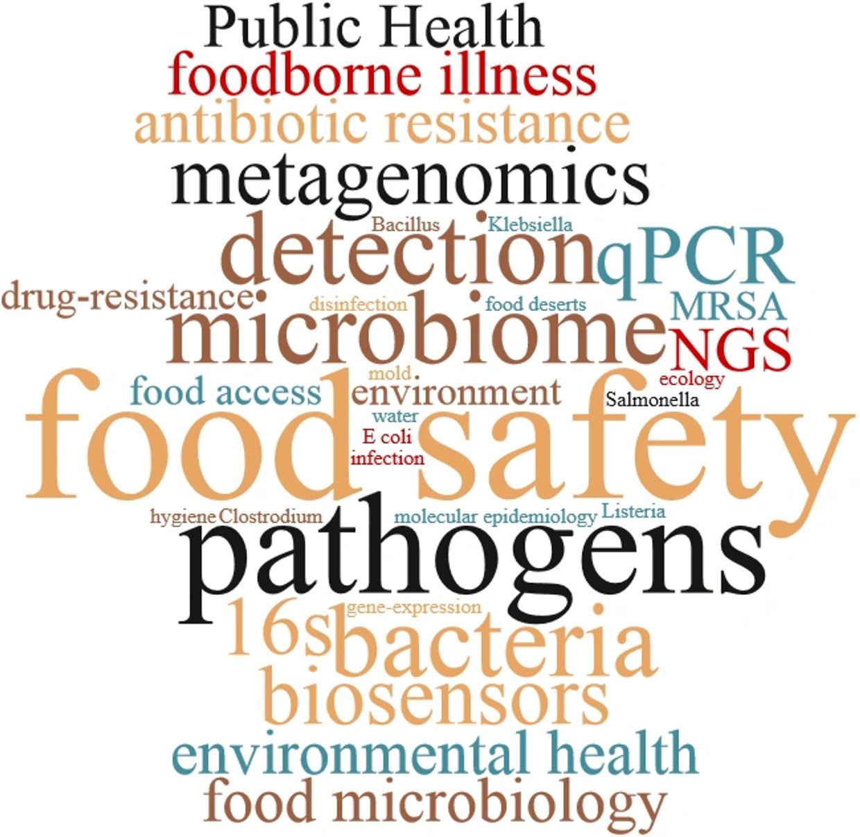 Word cloud about food safety and pathogens.