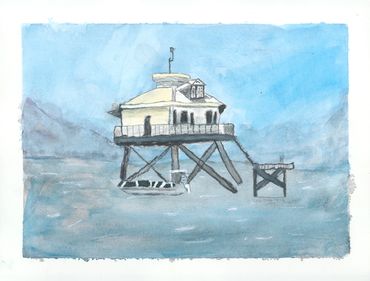 'Serenity' a light house on the Great Lakes in water color. Completed in 2025 under the watchful eye