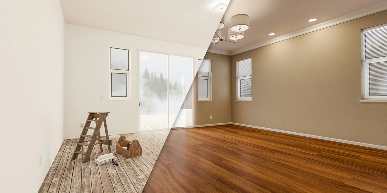 Room renovation showing before and after with new flooring and lighting.