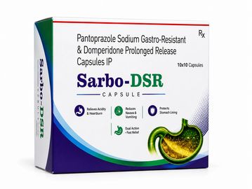 Box of Sarbo-DSR capsules for acid relief and digestion.