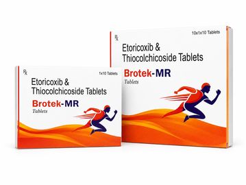 Boxes of Brotek-MR Etoricoxib & Thiocolchicoside Tablets.