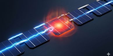Illustration of electrical current flowing through solar cells with a hotspot.