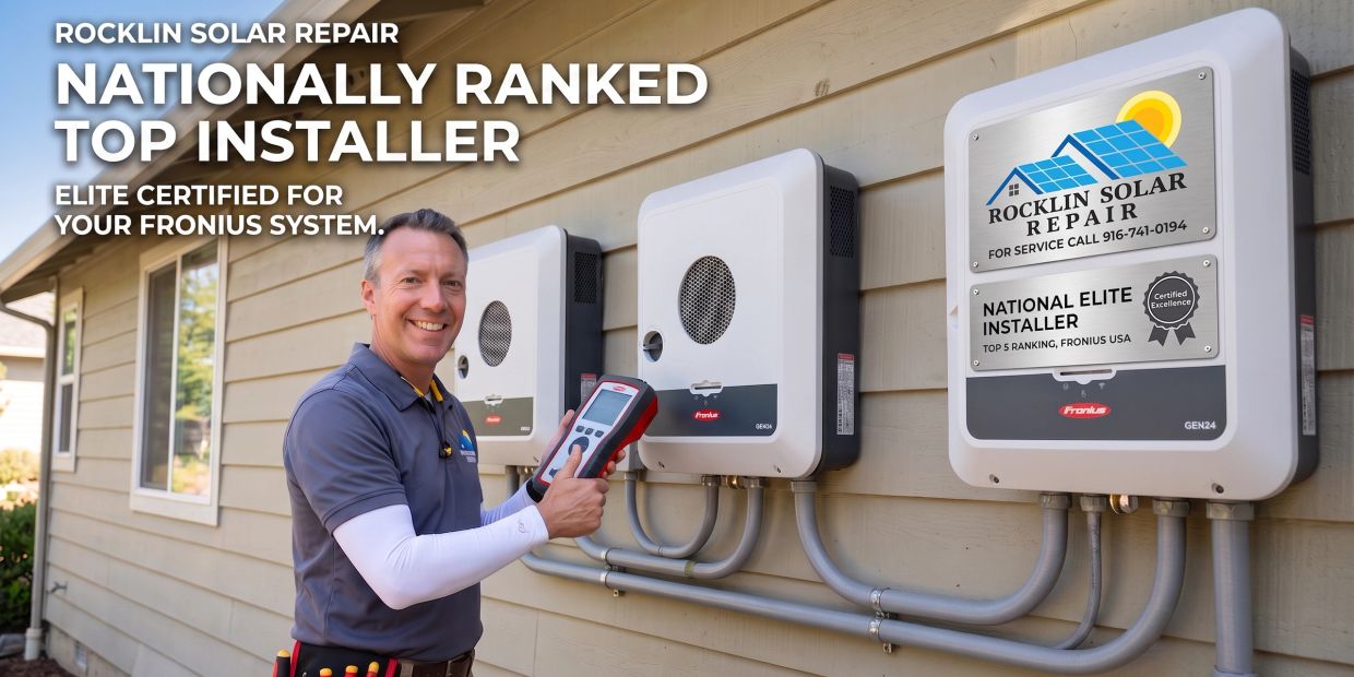 Technician inspecting solar inverter installation with company advertisement.
