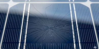 Close-up of a cracked solar panel with radial fractures.