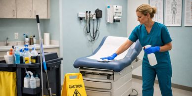 A woman in scrubs sanitizing a medical exam room with cleaning supplies nearby.