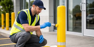 Worker painting a yellow bollard outside a building.