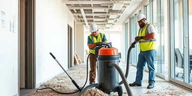 Two construction workers cleaning debris with a vacuum in an indoor construction site.