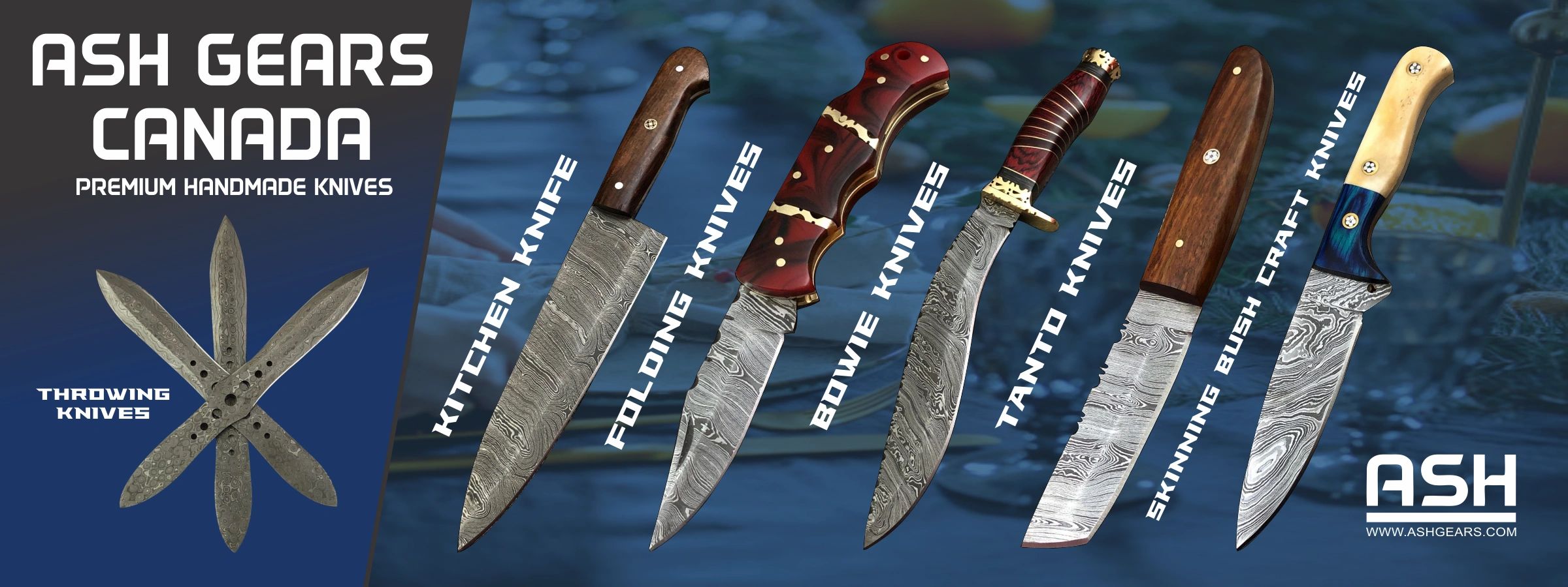 Handmade damascus knives of different styles. Skinning Knife, Tanto Knife, Kitchen Knife, etc