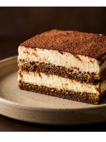 Slice of tiramisu dessert on a plate.