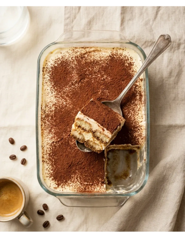 A spoonful of tiramisu dessert in a glass dish.