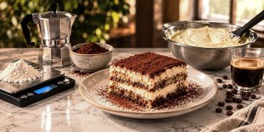 Slice of tiramisu dessert on a plate with ingredients and coffee.