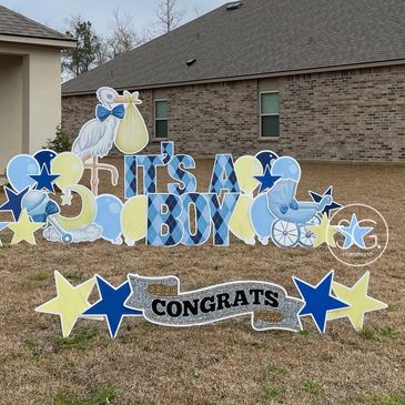 It's a boy with stork. New baby boy yard sign. Blue baby yard greeting.