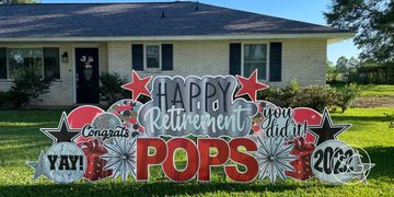 Black, white & gray HAPPY RETIREMENT mega sign with 1 name. Happy Retirement yard sign