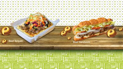 Beef Teriyaki and Beef Sandwich with fresh vegetables and sauces.