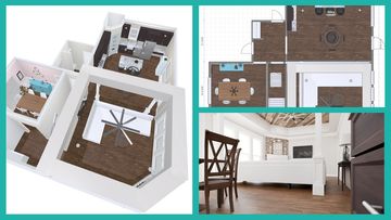 3D floor plan and interior view of a modern living space with wooden floors and white furniture.