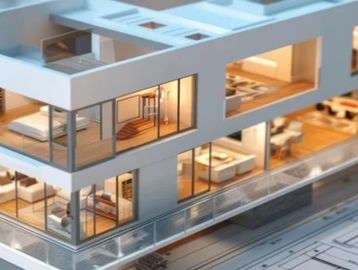 Architectural model of a modern house with illuminated interiors and detailed design.