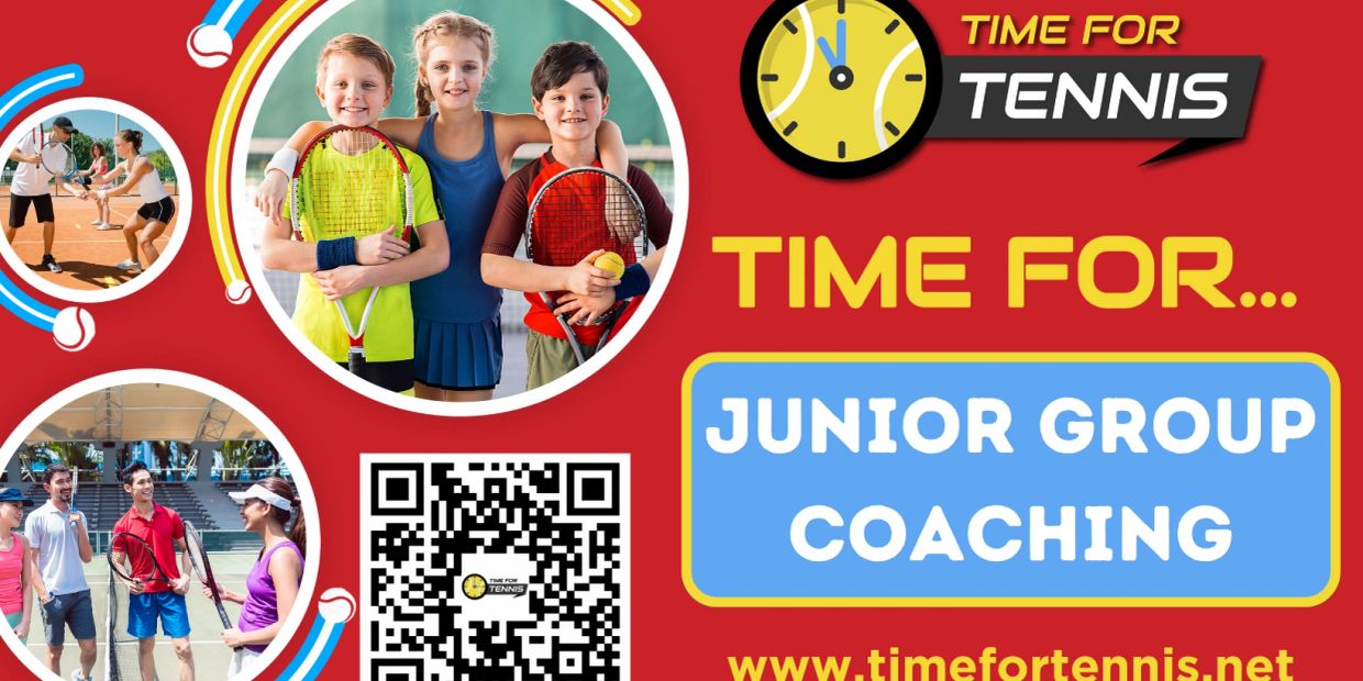 Advertisement for junior group tennis coaching with happy children and QR code.