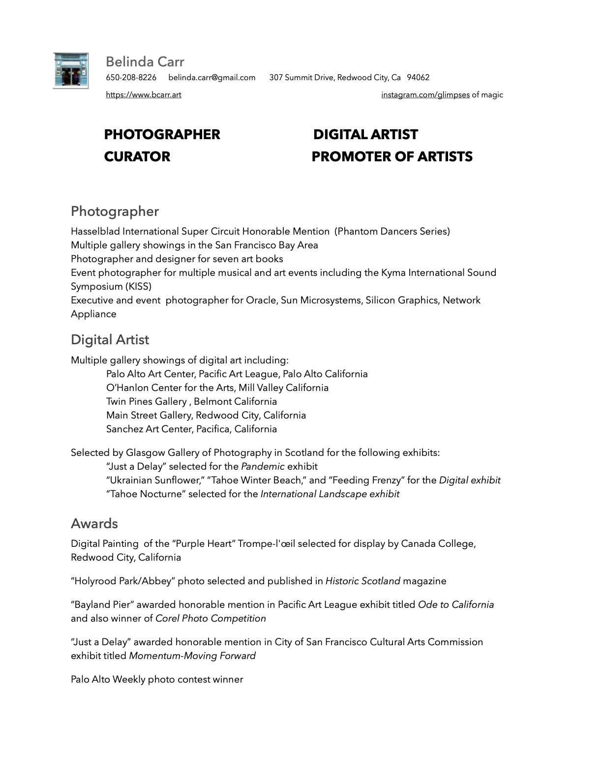 Resume of Belinda Carr highlighting her photography and digital art achievements.