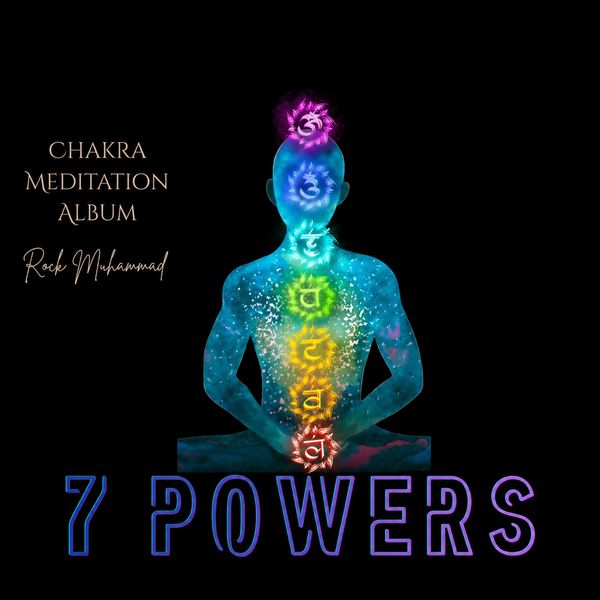 Meditative figure with glowing chakras and album title '7 Powers'.