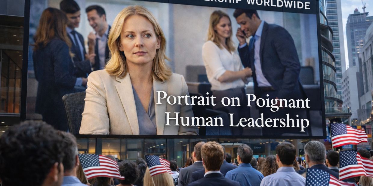 Crowd watches a large screen with a leadership message and a woman's portrait.