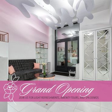 Modern spa lobby with pink accents and elegant decor for grand opening by Kindall Wright - KX Graphic Design.