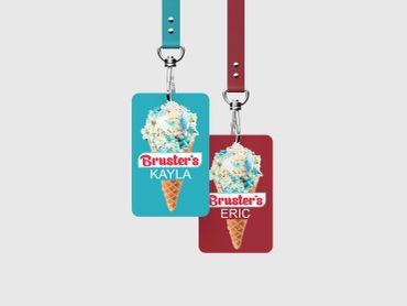 Two colorful Bruster's ice cream-themed ID badge lanyards with names Kayla and Eric by Kindall Wright - KX Graphic Design.