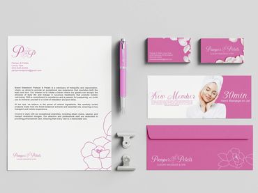 Pamper & Petals luxury spa branding with pink and white theme by Kindall Wright - KX Graphic Design.
