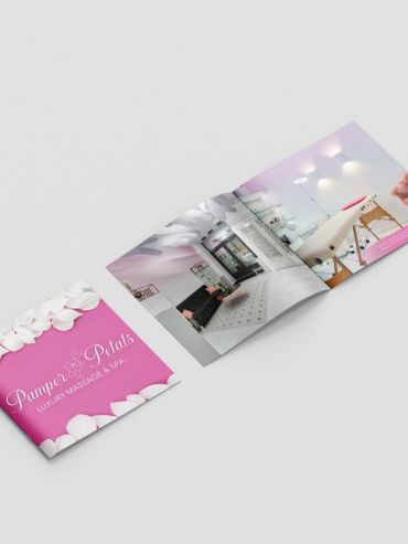 Pamper Petals luxury massage and spa brochure with elegant pink and white design by Kindall Wright - KX Graphic Design.