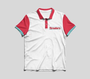 White polo shirt with red sleeves and "Bruster's" logo on chest by Kindall Wright - KX Graphic Design.