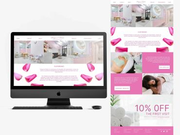 Pamper & Petals spa website displayed on an iMac, showcasing tranquil and luxurious spa services by Kindall Wright - KX Graphic Design.