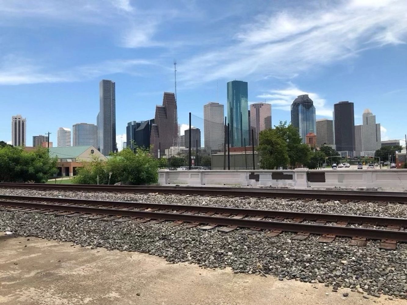 Overlooking train tracks at Downtown Houston, Texas.