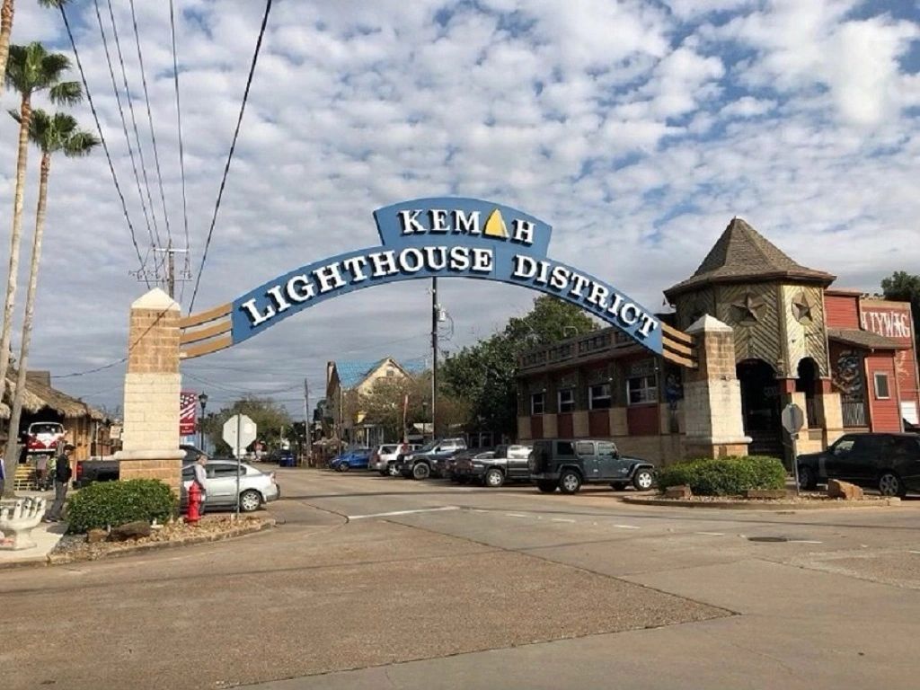 The entrance sign at the Kemah Lighthouse District in Kemah, Texas.
