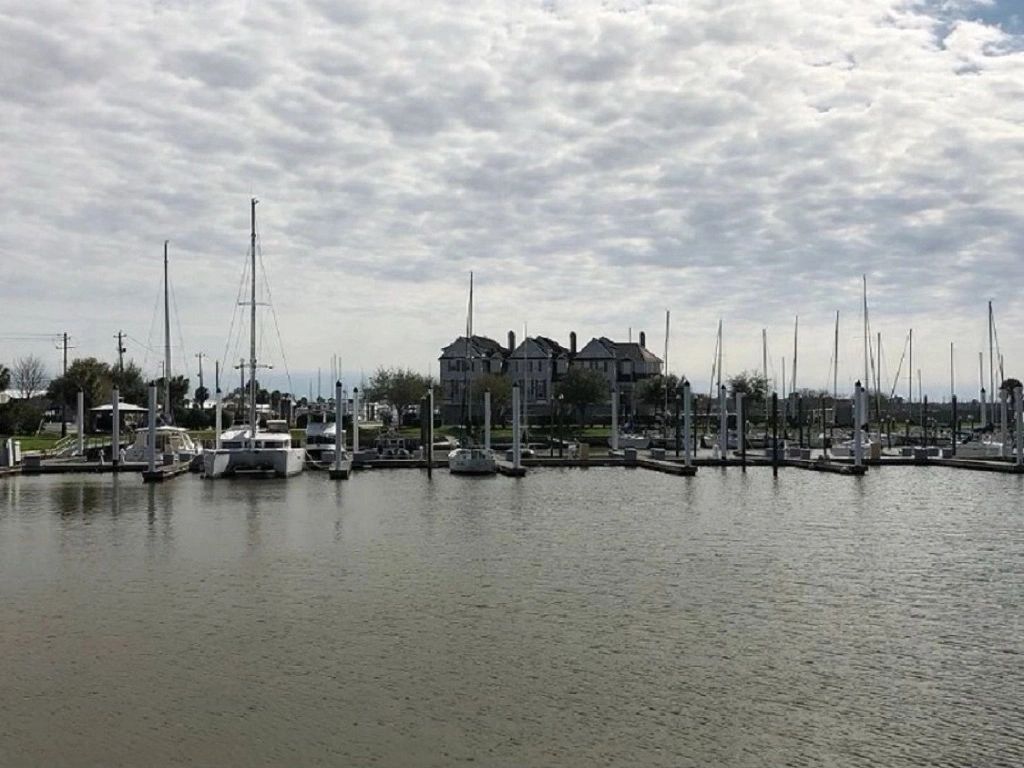 Condos and sailboats on the bay in Seabrook, Texas.