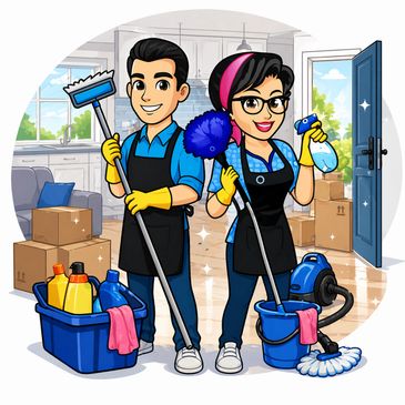 Two cheerful cleaners with cleaning tools and supplies inside a sparkling clean home.