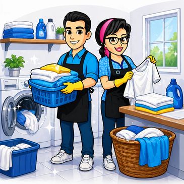 Two people happily doing laundry with clean clothes in a bright laundry room.