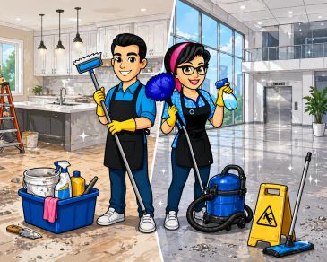Two cheerful cleaners with cleaning tools in a sparkling kitchen and lobby.