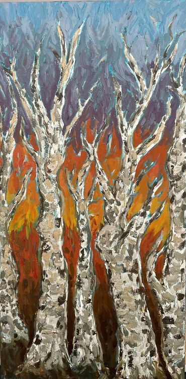 Birches on Fire - SOLD - 12"x24" acrylic and oil on canvas.