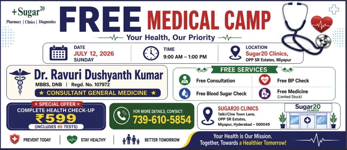 Free medical camp at Sugar20 Clinics on July 12, 2026, with various health checks.