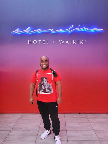 Randy Bowen smiling at Shoreline Hotel Waikiki Hawaii.