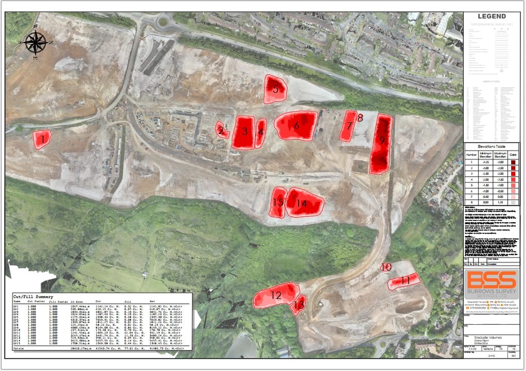 Aerial map with highlighted cut and fill areas.