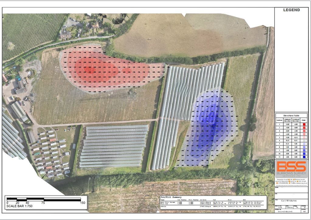 Aerial field map with red and blue elevation overlays.